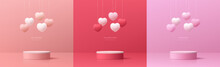 Set Of 3D Valentine Day Background Pink, Red, White Cylinder Podium With Floating Pastel Balloon Heart Shape. Vector Geometric Platform. Abstract Mockup Product Display. Minimal Scene. Stage Showcase.