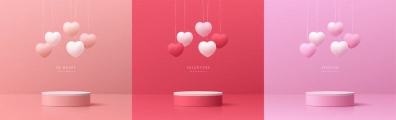 Wall Mural - set of 3d valentine day background pink, red, white cylinder podium with floating pastel balloon hea