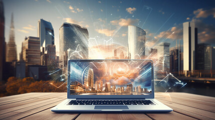 e learning on computer laptop and city sunrise background