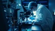 © Tahir AI - Lab assistant's hands adjusting settings on a high-tech microscope