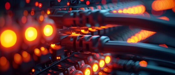 Web banner of glowing data cables transferring information inside computer server, internet connection concept,generative ai