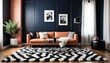 Navy Salmon walls with a plush white shag rug leather accents and bold geometric prints in shades of black and whit style
