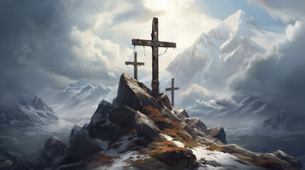 Wall Mural - Silhouette jesus lord cross symbol on Calvary mountain sunset background. crucifixion of Jesus, crucifixion, religion and christianity, Christian worship god, Easter day or resurrection concept