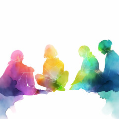 Wall Mural - Anime Style Watercolor Painting of a Group Therapy Session, Mental Health Concepts, Generative AI.