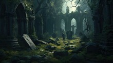 A Dark And Creepy Forest With Tombstones. Generative AI.