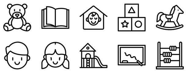 kindergarten icon line style set collection.