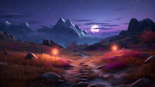 Night In Mountains Fabulous Landscape Of Mountain Peaks Moonlight Illuminates The Mountain Slopes At Night Magical Nature Illustration,,
Fantasy Alien Planet. Mountain And Lake. 3D Illustration.