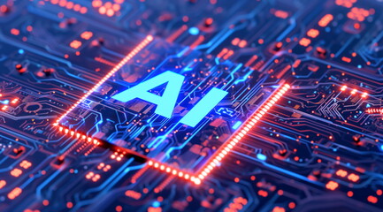 AI chip on pcb. Artificial intelligence microchip. AI chipset on circuit board. Future technology, neuronal network and AI concept