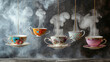 Teacups and saucers suspended in mid-air with whimsical trails of steam, bringing a touch of fantasy to a classic tea time setting, whimsical, tea party, hd, with copy space