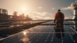 A worker in safety gear inspects solar panels on an industrial roof against the backdrop of a setting sun, symbolizing sustainable energy practices.