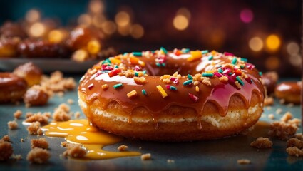 Glazed doughnut with topping in studio lighting and background, cinematic donut dessert photography