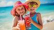 © ximich_natali - Cute children in sunglasses and straw hats holding lemonade or tropical fresh citrus cocktail beach exotic vacation