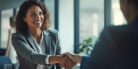 ndian employee and american employee sitting at a conference room shaking hands in a meeting while looking at each other and smiling