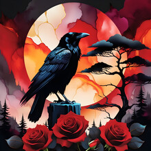 The Alcohol Ink Illustration Features An Abstract Silhouette Of A Confident Raven Perched On Top Of A Mesmerizing Black And Red Background. The Artist Skillfully Captures The Mysterious Essence Of The