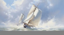 Two Sailboats In Full Regalia, Their Sails Billowing In The Wind Against A Pristine White Backdrop, Capturing The Essence Of Maritime Adventure.