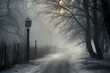 A wintery road with a structure and a lamppost upfront, a leafless tree distant, and some snow on the ground. Generative AI
