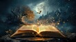 Magical open book with an astounding fantasy story telling background, with moon and ancient tree
