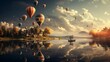 Colorful hot air balloons floating in sky above lake. Mixed media