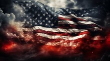 American Flag With Smoke And Fire On Dark Sky Background. 3D Illustration.