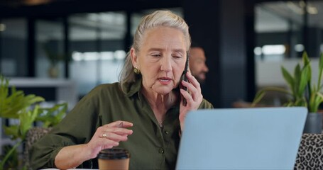 Aufkleber - Senior, woman and phone call with writing in cafe for networking, conversation or business chat. Entrepreneur, elderly person or smartphone with communication for faq, consultant or talking to client