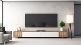 Fototapeta  - view of comfortable minimal living room with television on wall