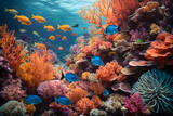 Fototapeta Do akwarium - Colorful undersea coral reefs with tiny little fishes