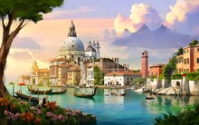 Beautiful Mediterranean Landscape At Sunset, Italy Spain Green Hills, Calm Warm Colors Nature Background, 3d Render, 3d Illustration Generative Ai