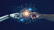 AI technology concept, Machine Learning, Robot hand touching human hand. to connect with global data refers to how humans can create and control artificial intelligence, AI innovation and technology.