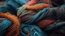 Colorful Tangled Fishing Nets Offer A Close-up On Textures And Materials