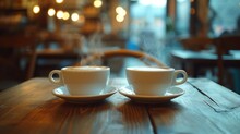 Steamy coffee cups on a wooden table invite a cozy conversation in a warm cafe setting