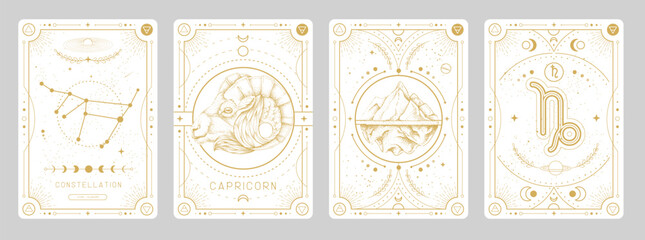  Set of Modern magic witchcraft cards with astrology Capricorn zodiac sign characteristic. Vector illustration
