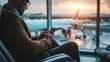 © pinkrabbit - Business man using mobile phone to book plane ticket through online application, sitting on travel checking travel time on board at airport, travel, payment, due, booking, online, check in