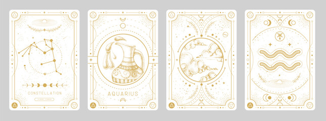 set of modern magic witchcraft cards with astrology aquarius zodiac sign characteristic. vector illu