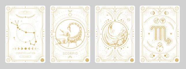 set of modern magic witchcraft cards with astrology scorpio zodiac sign characteristic. vector illus