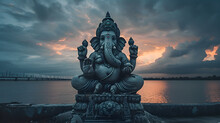 Lord Ganesha Sculpture At Beautiful Sunset. Goddess Ganesh Festival.