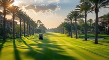 A Resort With A Golf Field With A Nice Morning Sunshine, Generative AI.