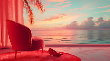 Valentine background pink seat with a shoes in front of a window that has sea view and cloudy sky with coconut tree pink vibes room with pink curtain