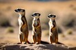 A trio of curious meerkats standing on their hind legs, surveying the horizon with alert expressions, showcasing the social and vigilant nature of these small mammals.