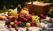 Picnic in the park on the green grass with colorful food. Summer holiday. Variety of fresh ripe fruits in the garden. Balanced diet. Picnic blanket with a lot of fruits and berries.