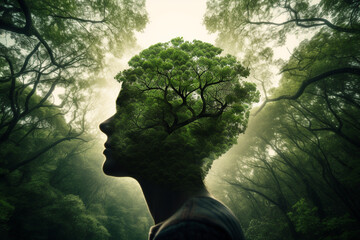 Nature, human connection with nature, environment concept. Human face silhouette made from greenery in forest background with copy space. Abstract minimalist illustration
