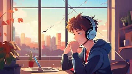 Wall Mural - Cartoon boy with headphones listening to music. Modern teenager boy room with workplace, book, headphone, room, window. Lofi desk window. Rain effect.