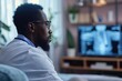 African doctor doing healthcare in online through video call with a big copy space, Generative AI.