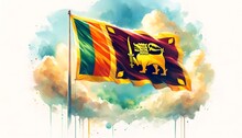 Watercolor Illustration Of Waving Sri Lanka Flag For Indapendence Day.