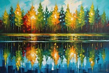Artistic Oil Painting, Autumn Trees Reflected In Lake, Wall Art, Template, Background