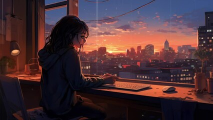 Wall Mural - Girl in the window, desk view, girl studying, lofi girl, lofi music, beautiful chill, anime style. Lofi desk window. Rain effect.