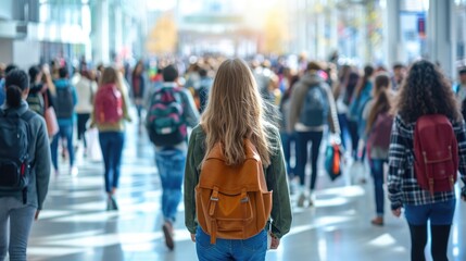 Students in high school discussing and strolling behind them Using text copy space, Generative AI.