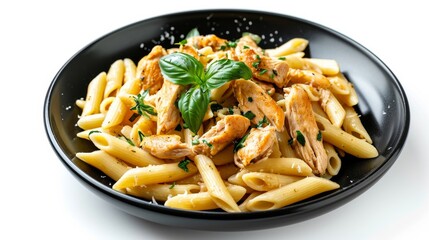 Wall Mural - Penne pasta chicken dish on a black plate isolated on white background, Italian food