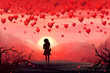 Valentine's day background with girl and red hearts.  illustration.