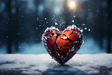 Broken Heart On A Background Of A Winter Landscape. Love Concept.