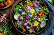 Fresh salad of spring vegetables decorated with edible flowers